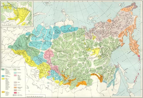 карта распространения этнических групп, расселения племен и родов народов Сибири в XVII веке (нажмите для увеличения)