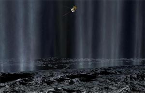 Пролет Cassini на высоте 25 км над Энцеладом 9 октября 2008  (рисунок художника)
