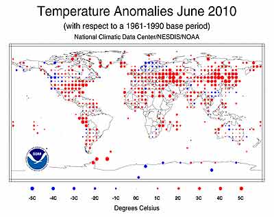 Температурные аномалии за июнь 2010 года